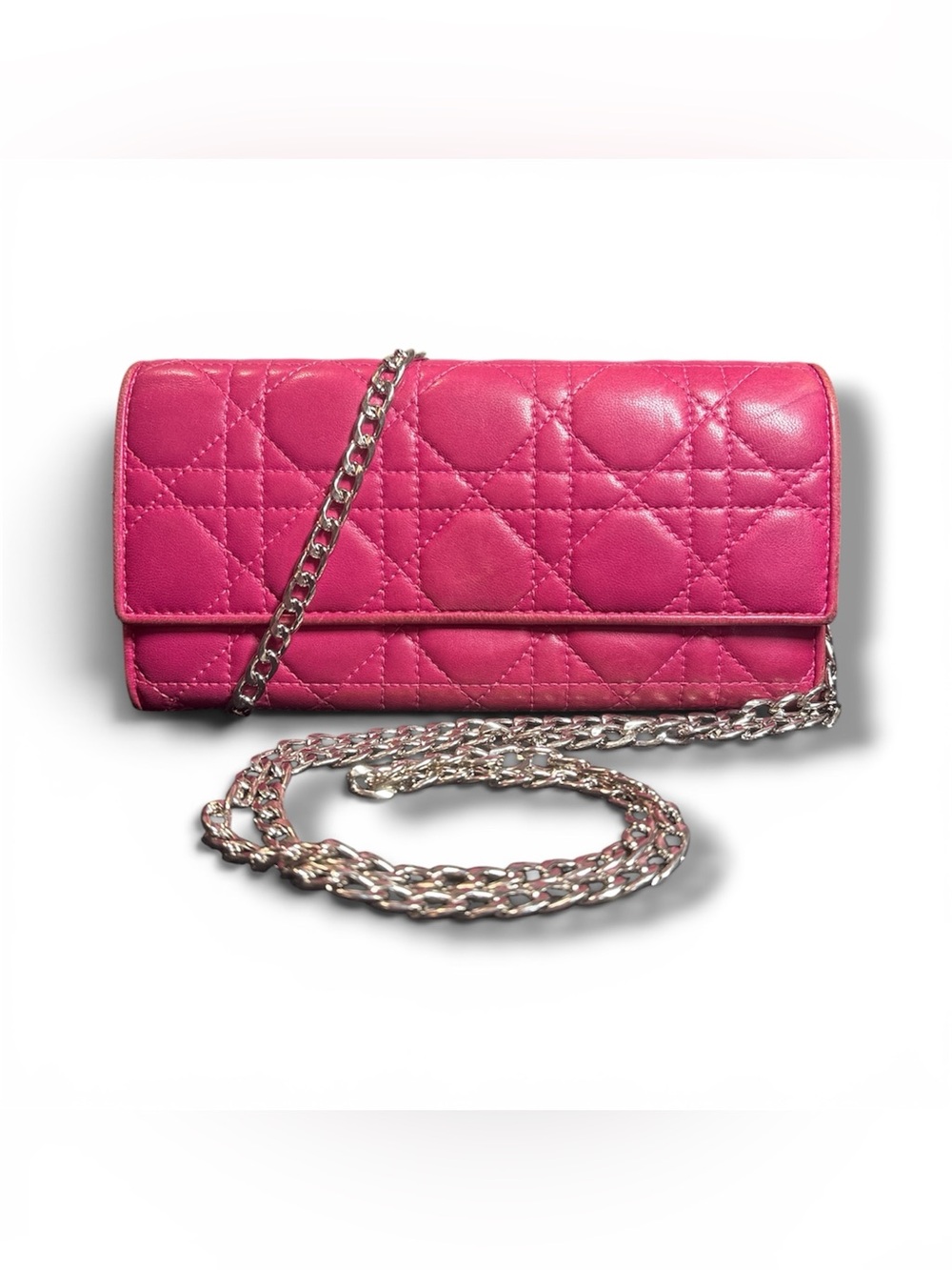Christian Dior Pink Lambskin Cannage Lady Dior Wallet on Chain WOC